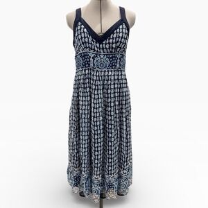 Robbie Bee Beaded Block Print Midi Dress Sleeveless Empire Waist Boho Sundress